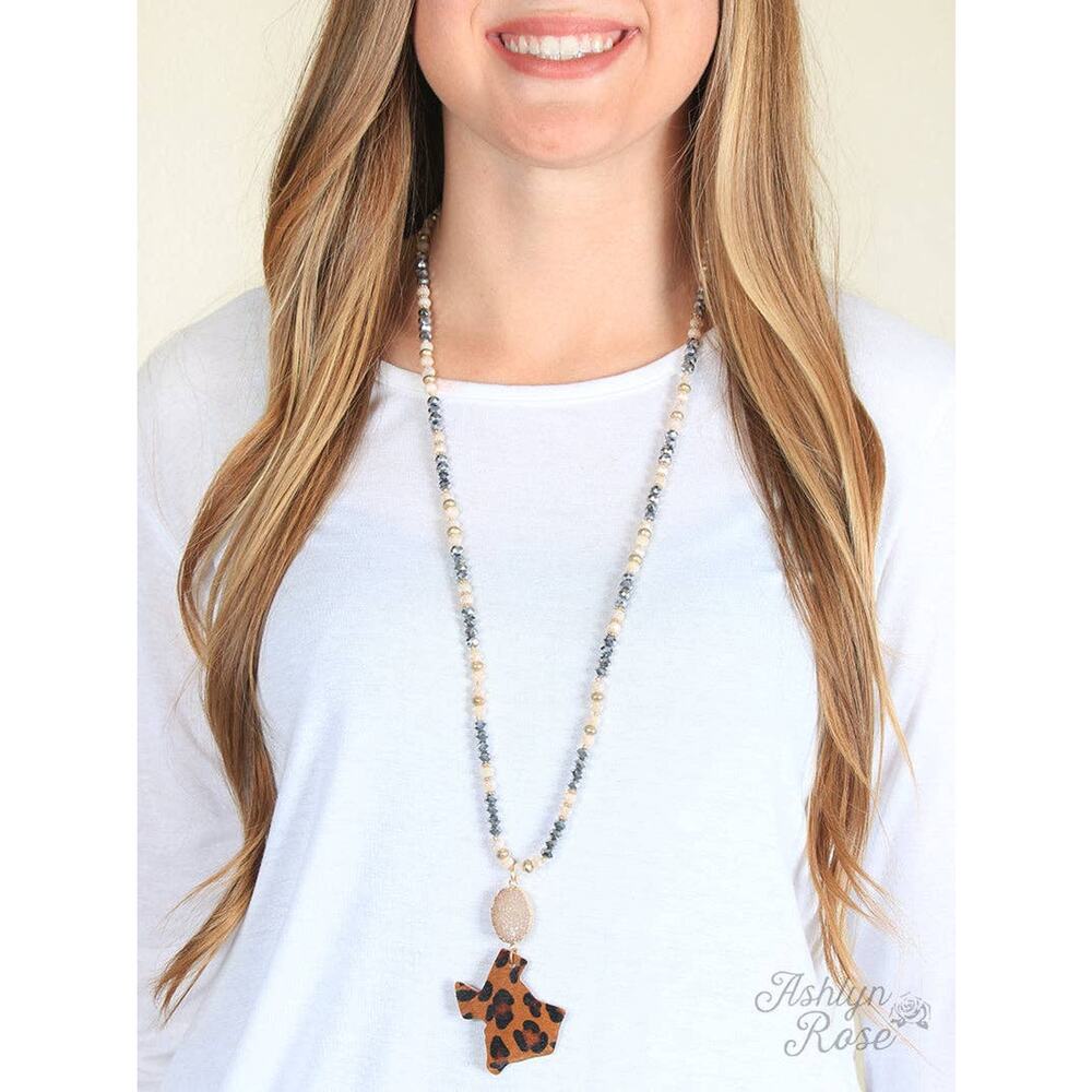 Long Beaded Necklace with Druzy Stone and Hide Leopard Texas Pendant